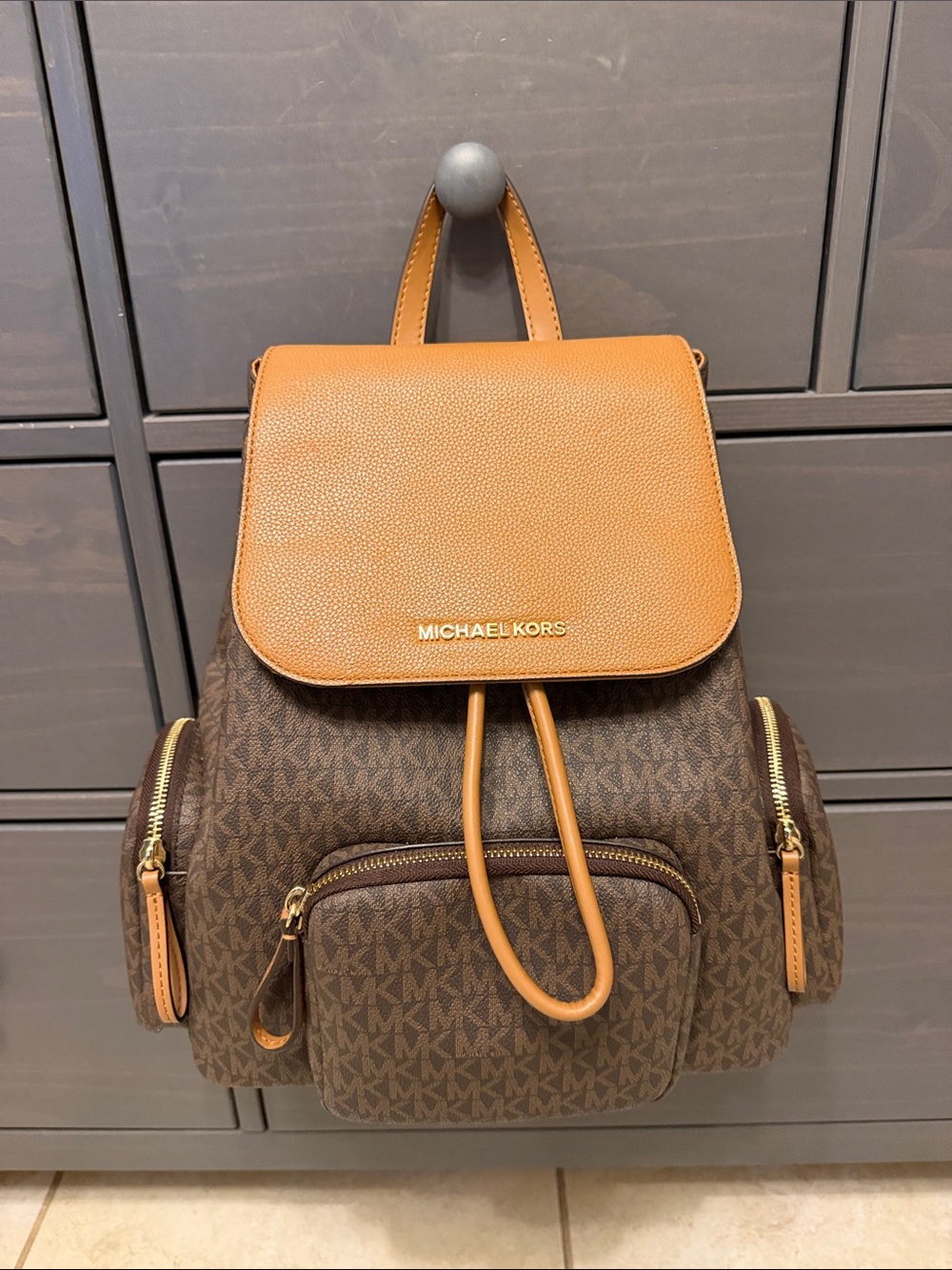Michael Kors Brown Logo Canvas Backpack with Tan Flap